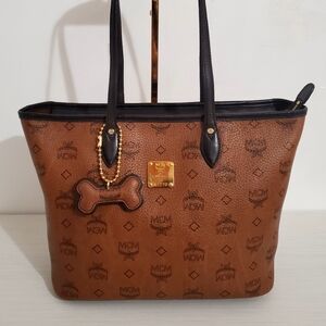 MCM Dark Espresso Visetos Tote Bag With Dog Bone Charm Size Small